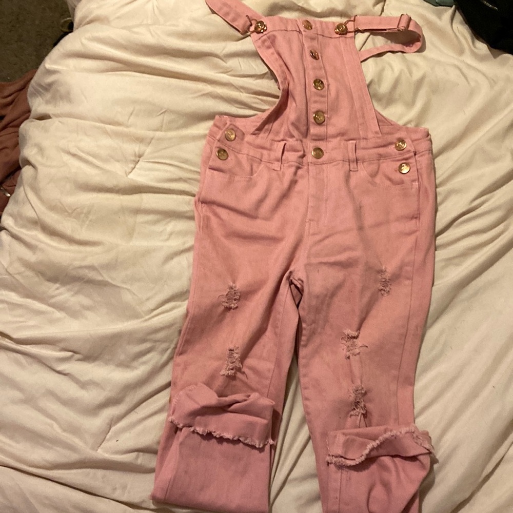 pink distressed overalls